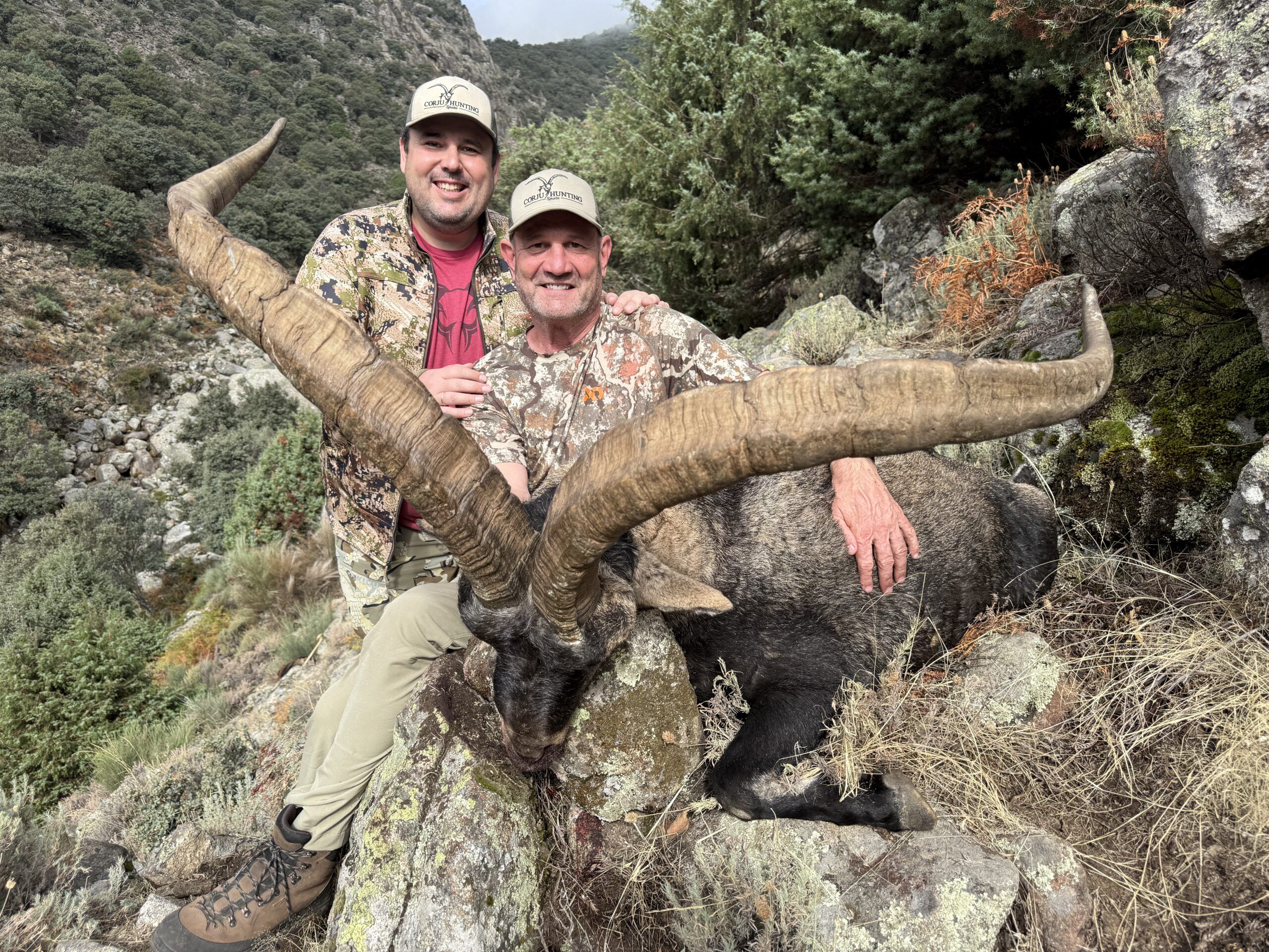 Gold medal Gredos ibex Gold medal Spanish ibex with two hunters and a tracking dog in Gredos
